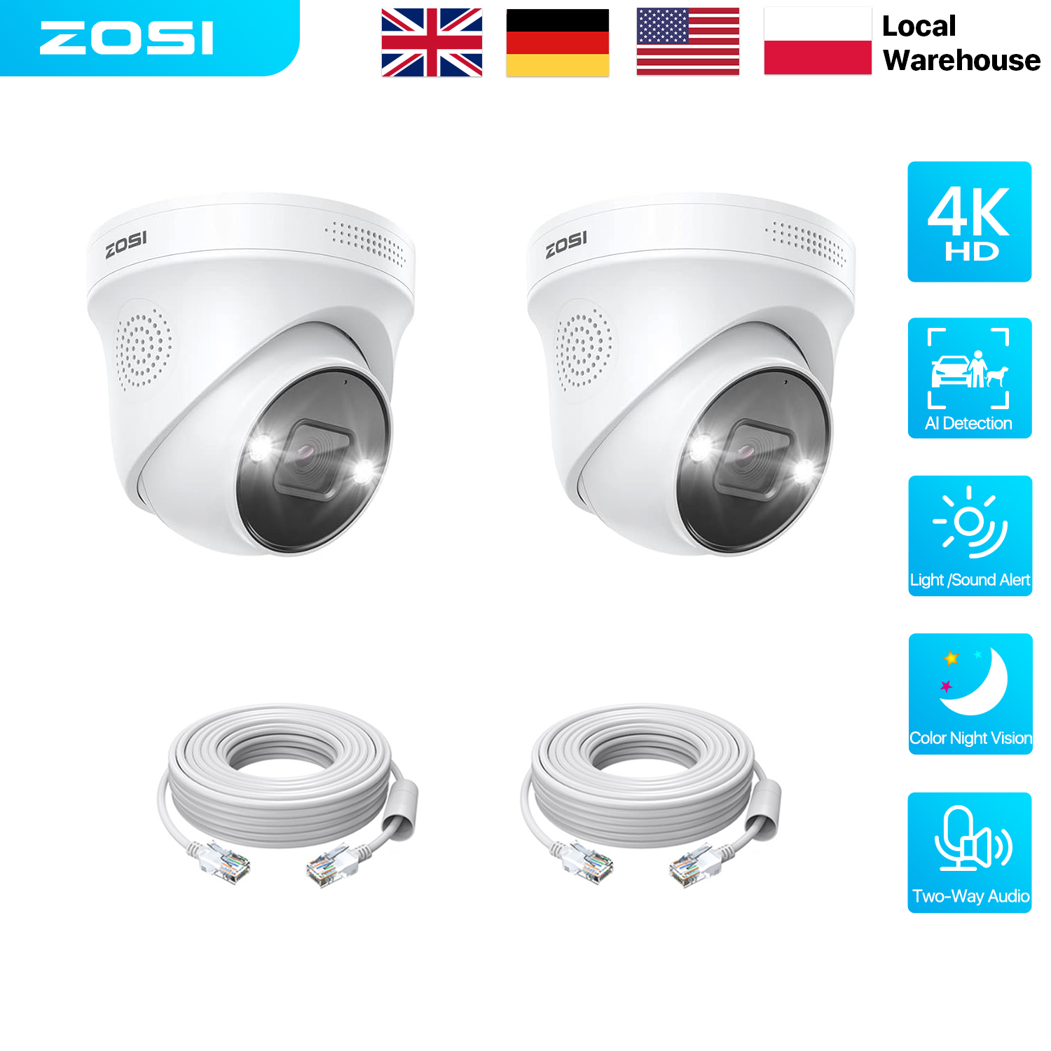 Home Security Kamera - ZOSI 8MP 5MP PoE กล้องโดมชุดกลางแจ้ง/ในร่ม AI
